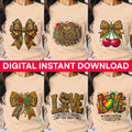 Six t-shirt graphics: bows, cherries, and 