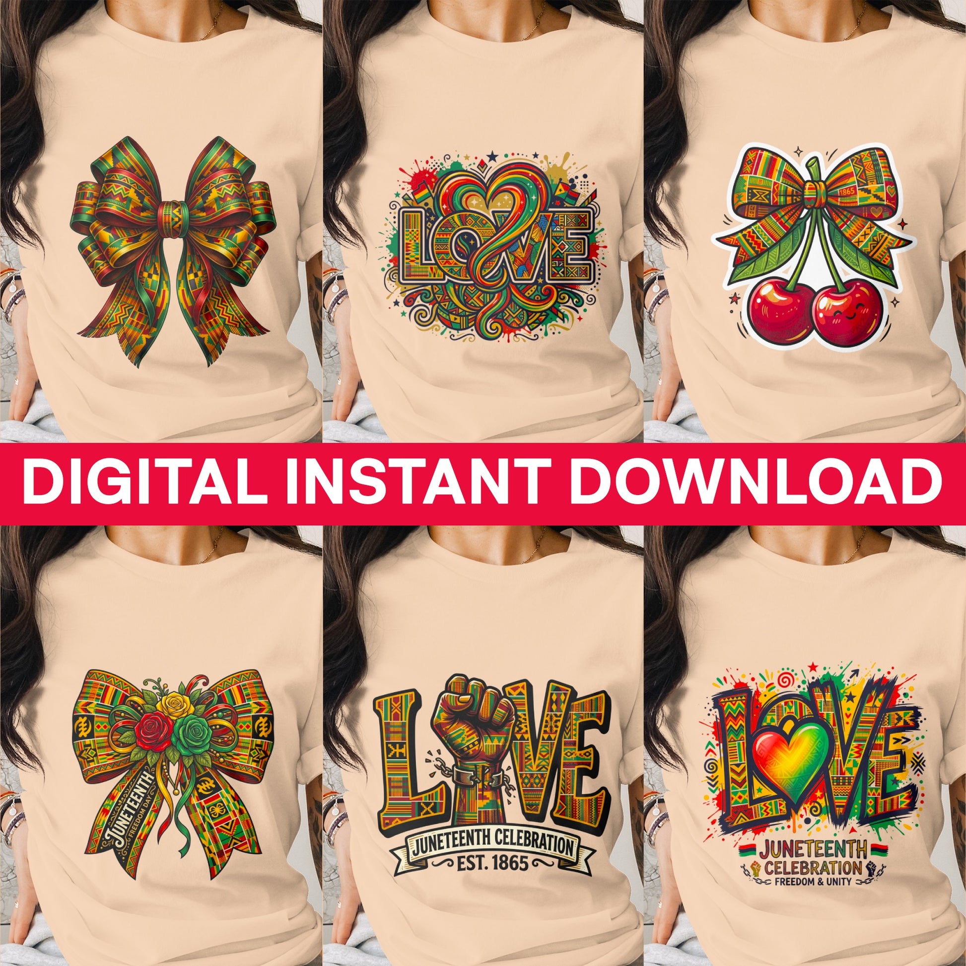 Six t-shirt graphics: bows, cherries, and "LOVE" with Juneteenth themes.