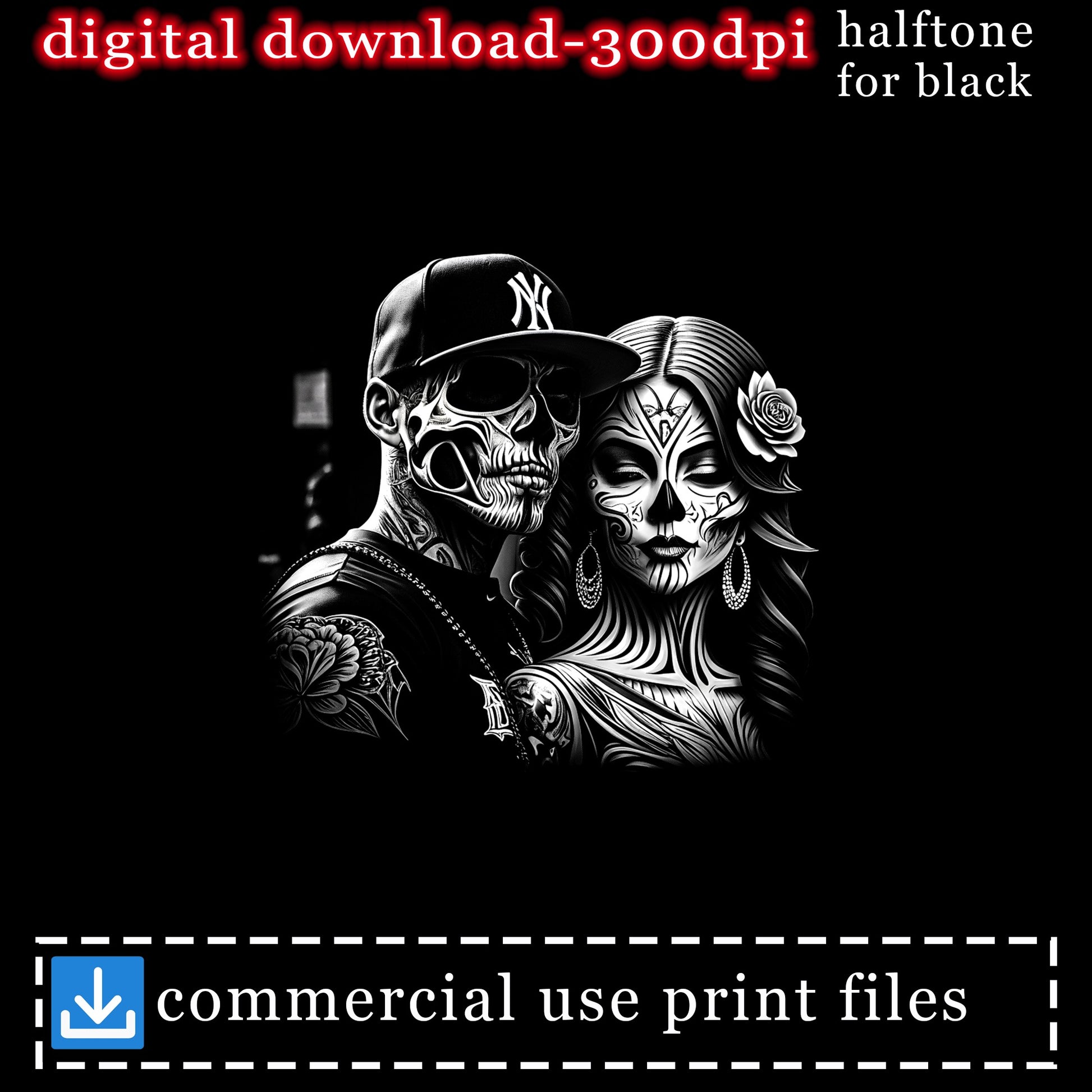 Halftone skull couple illustration with "digital download 300dpi for black" text.