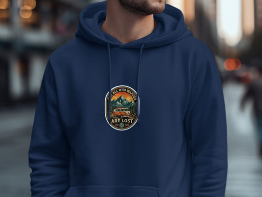 Navy hoodie with circular graphic of camper van, mountains, and forest.