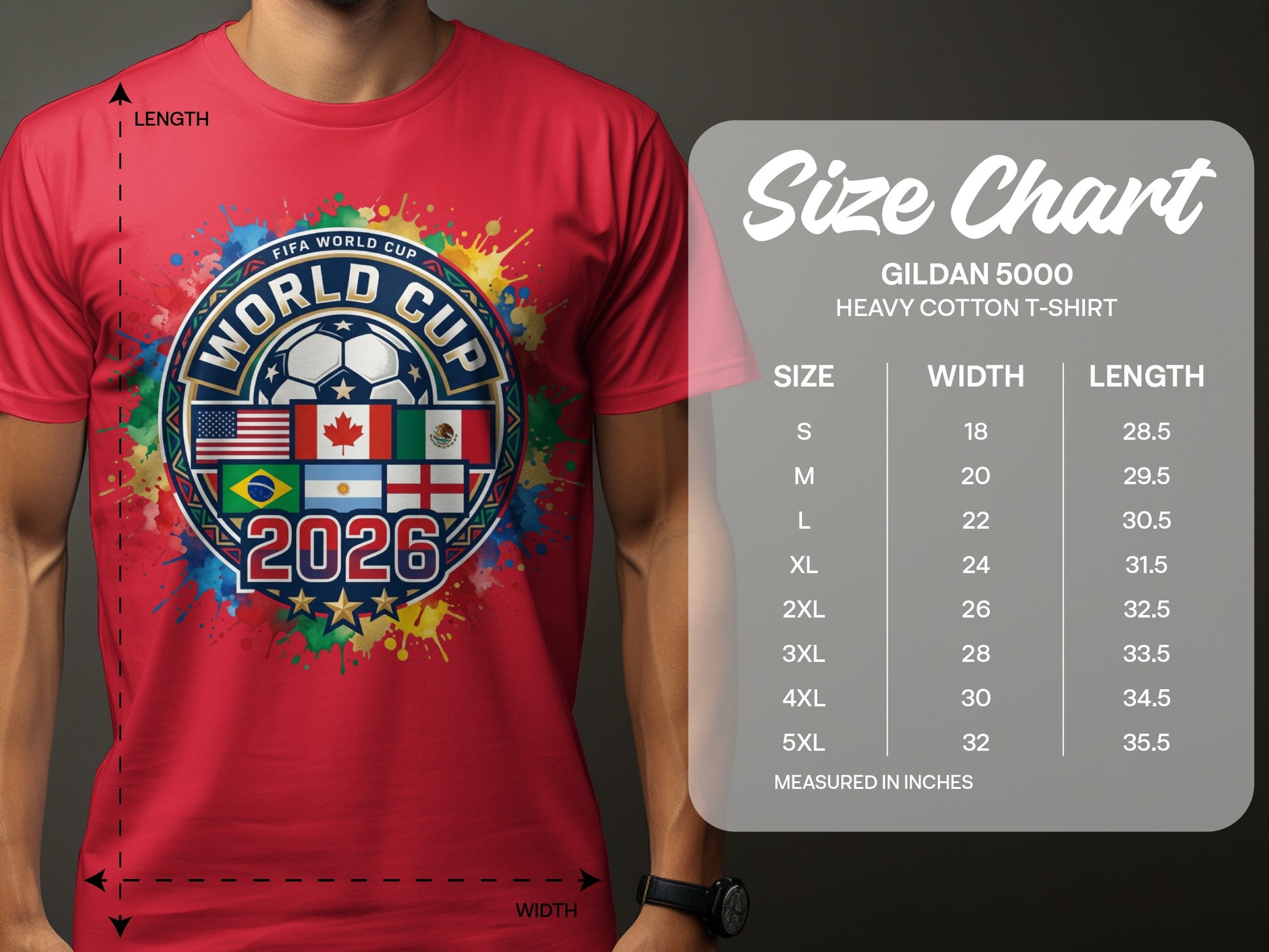 T-shirt size chart for a FIFA World Cup 2026 t-shirt with size, width, and length measurements.