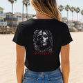 Black t-shirt with floral skull face graphic and 