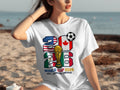 World Cup 2026 USA Canada Mexico t-shirt with flags and trophy.