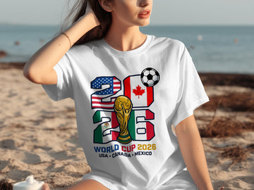 World Cup 2026 USA Canada Mexico t-shirt with flags and trophy.