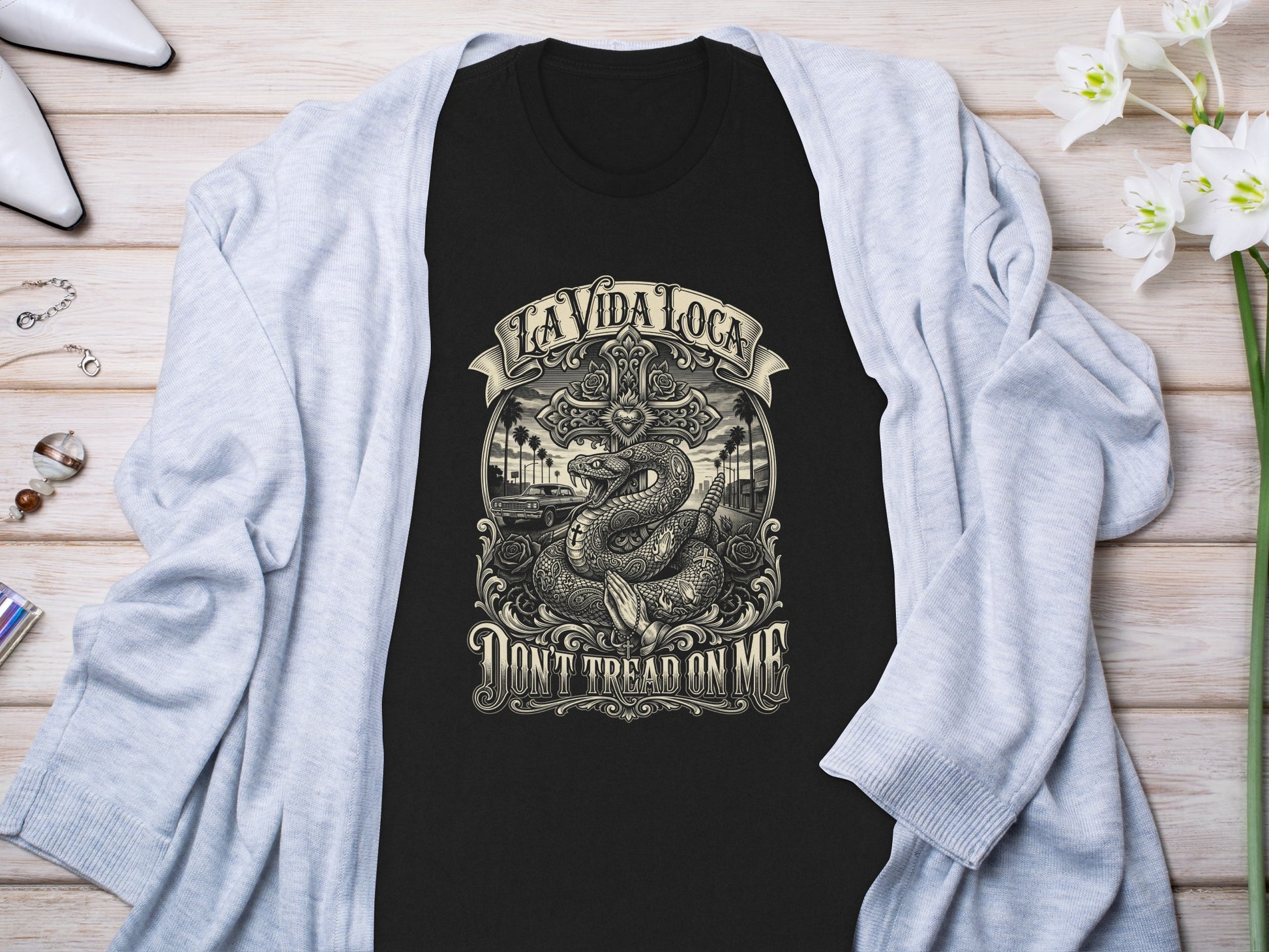 Black t-shirt with "La Vida Loca" and snake design.