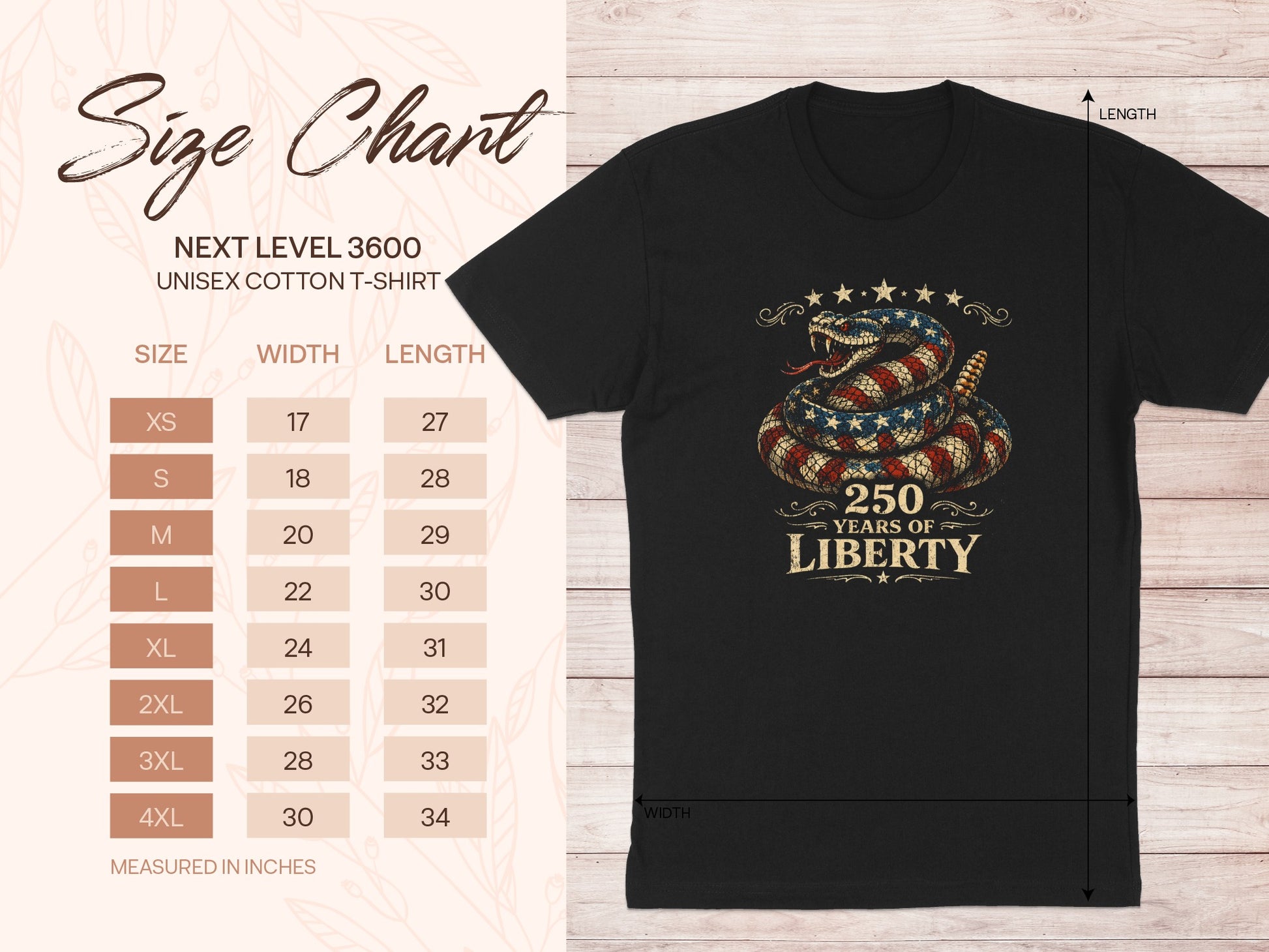 Size chart for Next Level 3600 unisex cotton t-shirt with patriotic snake graphic.