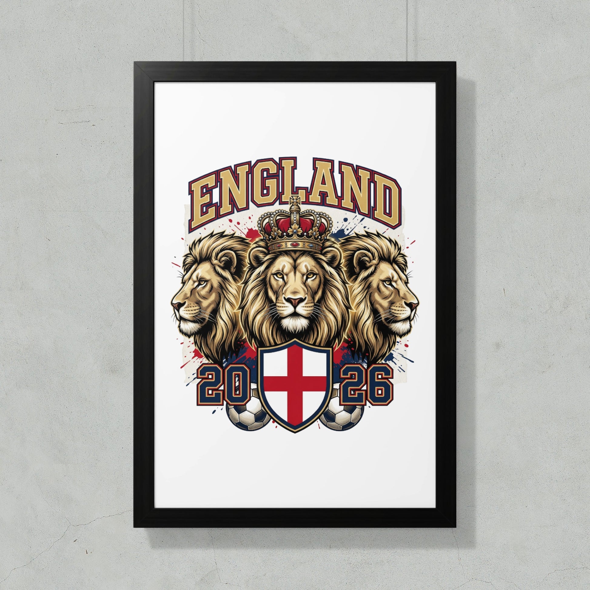 England crest with lions and crown, footballs, and "ENGLAND 2026" text.