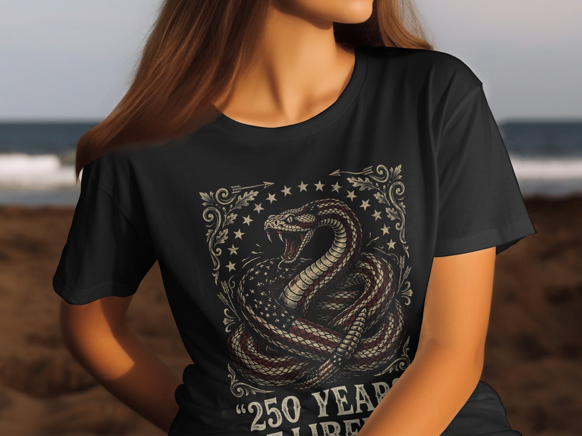 Black t-shirt with coiled rattlesnake and American flag design.