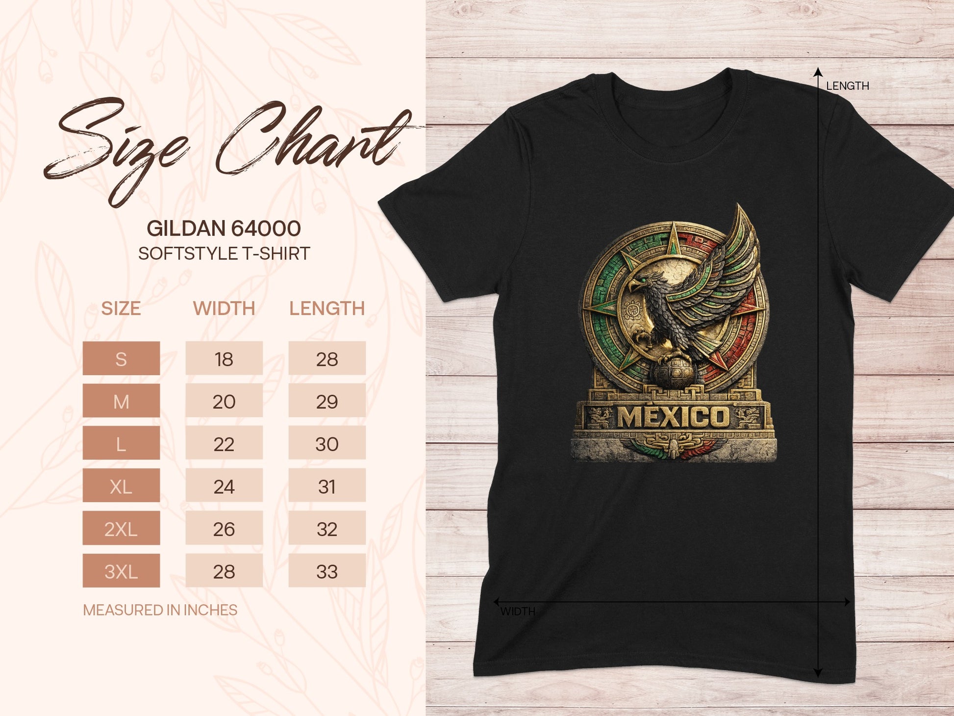Gildan 64000 softstyle t-shirt size chart with Mexico graphic.