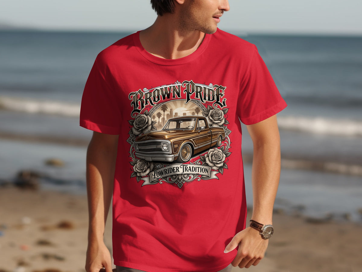 Red t-shirt with "Brown Pride Lowrider Tradition" and a vintage truck graphic.