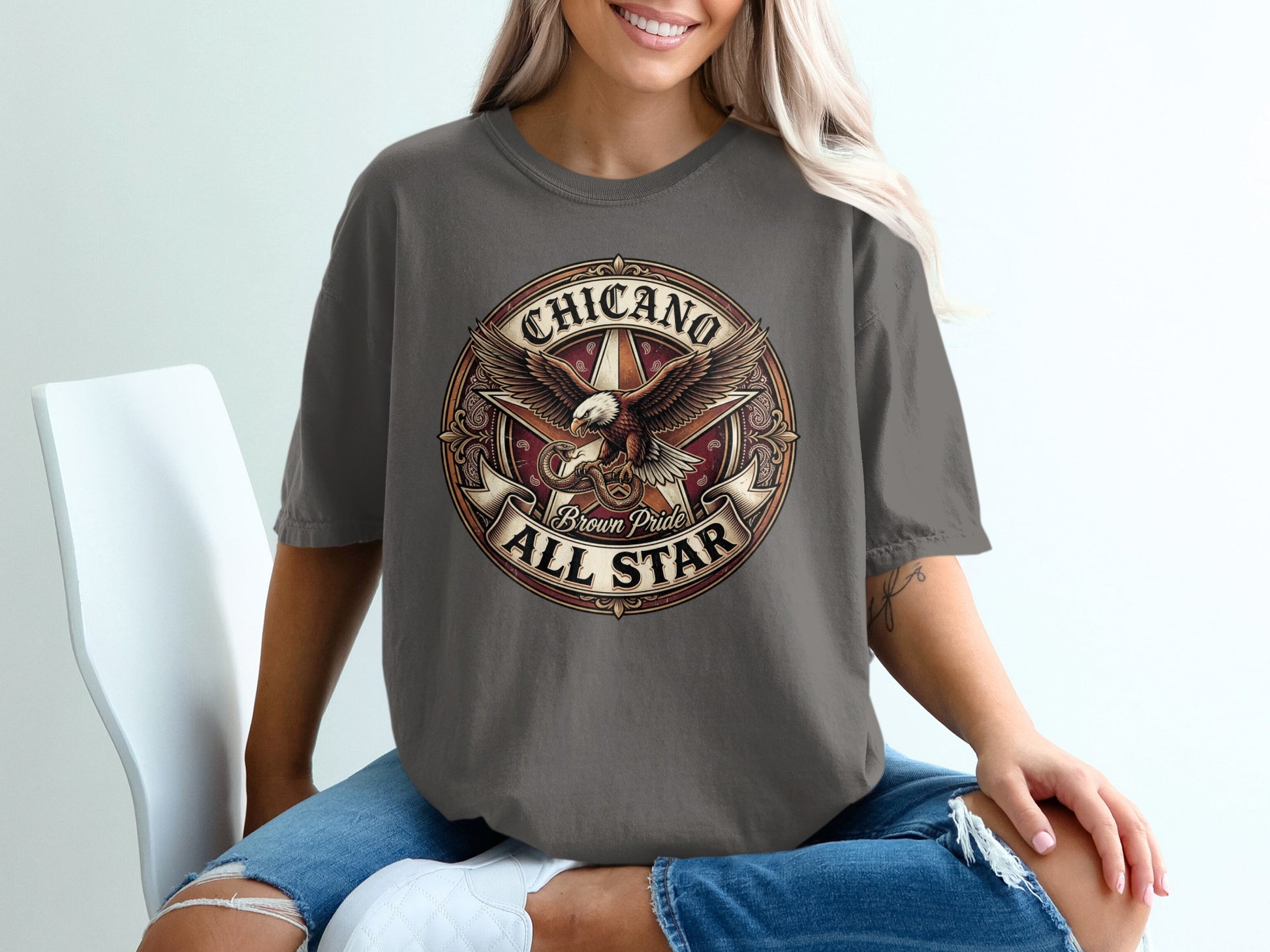 Chicano Brown Pride All Star graphic tee with eagle and star emblem.