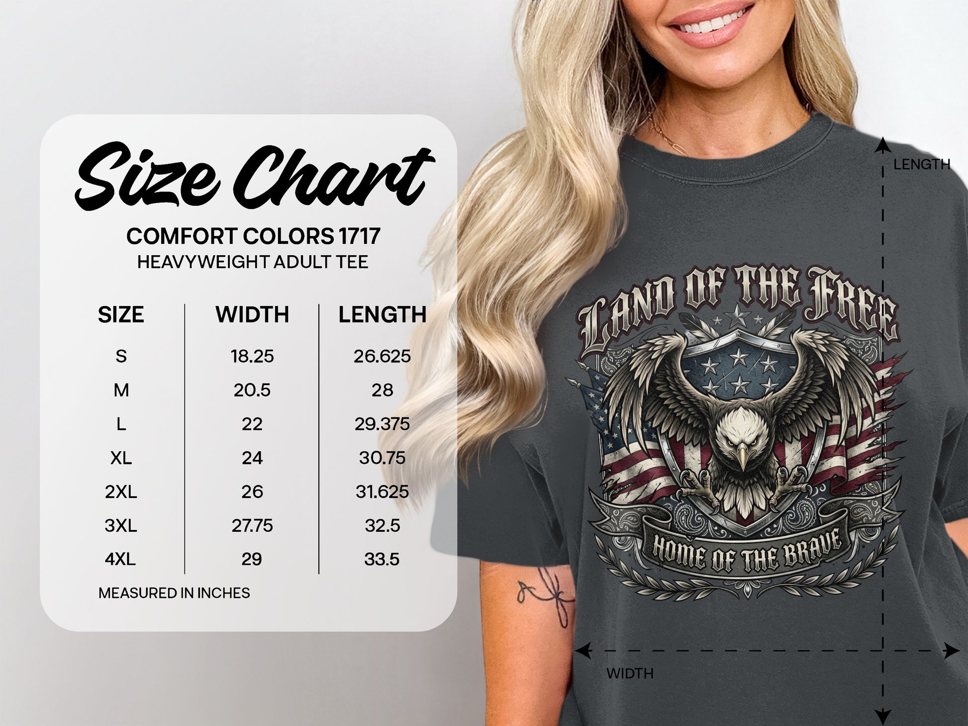 Size chart for Comfort Colors 1717 heavyweight adult tee with eagle graphic.