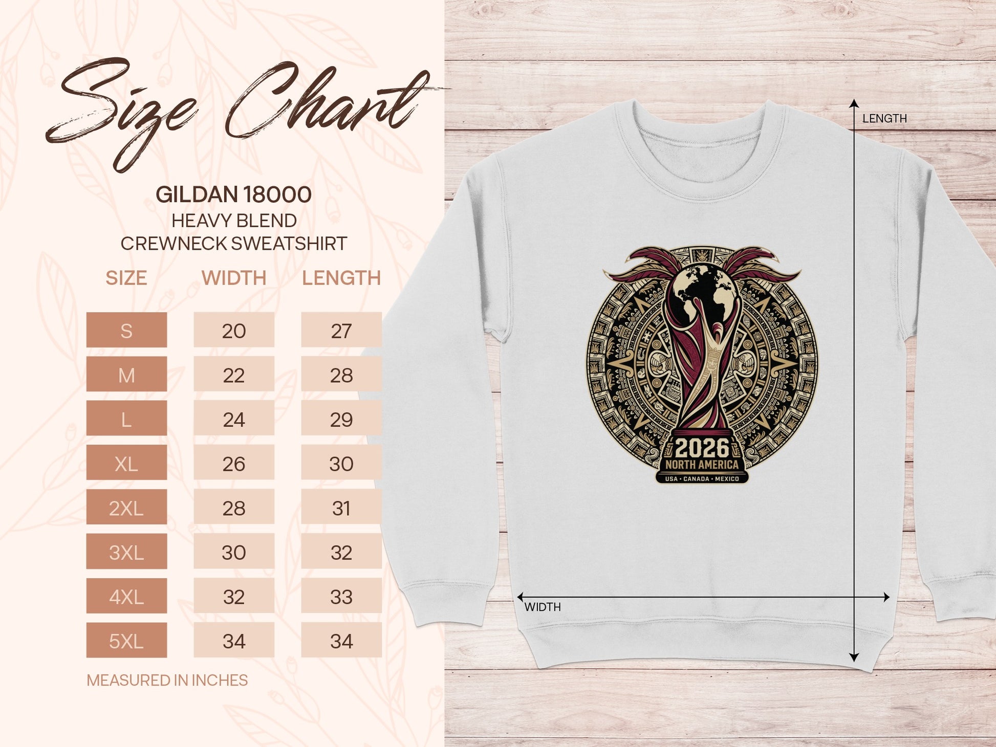Gildan 18000 sweatshirt size chart with measurements for width and length.