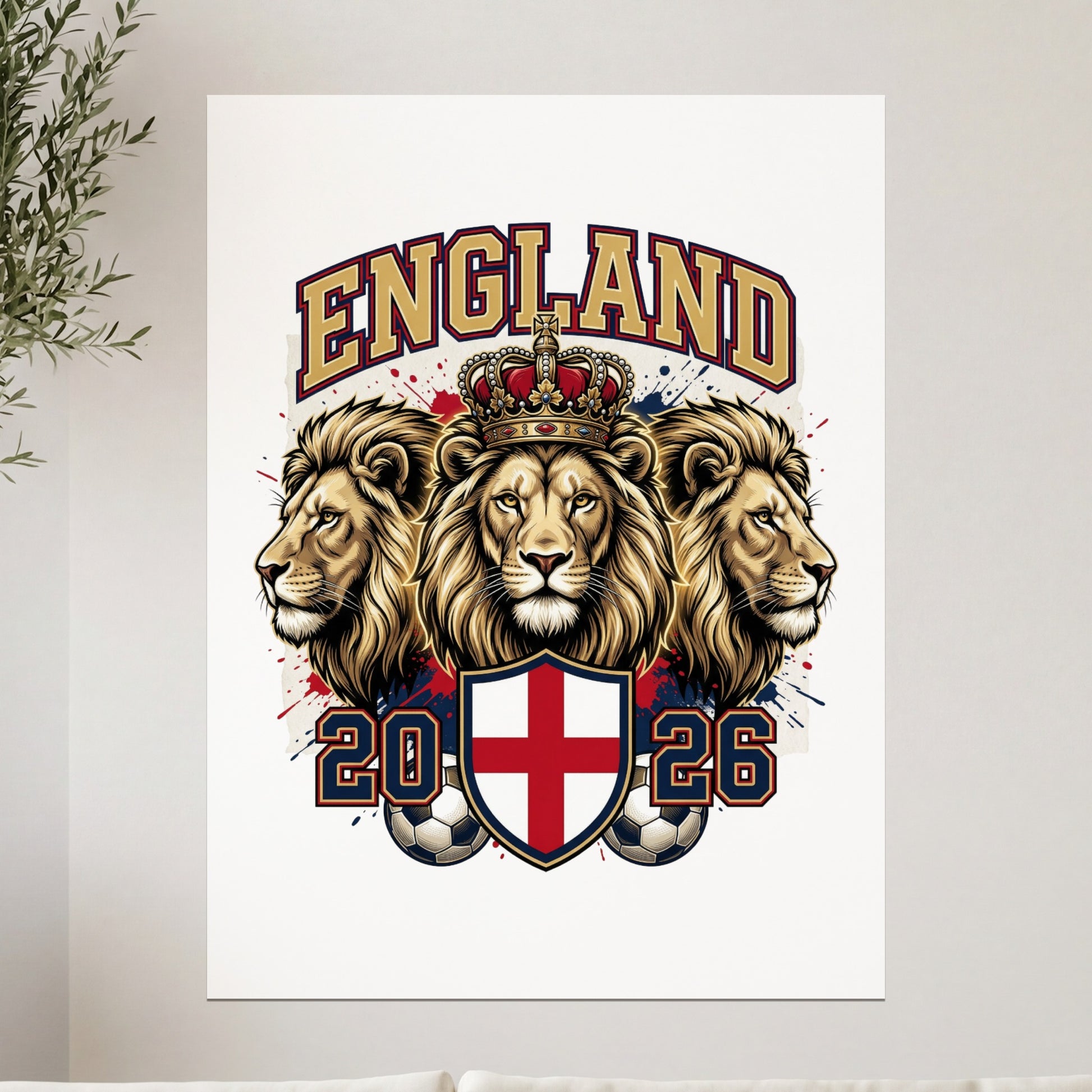 Three lions with a crown, the year 2026, and a soccer ball with the English flag.