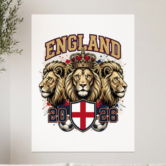 Three lions with a crown, the year 2026, and a soccer ball with the English flag.