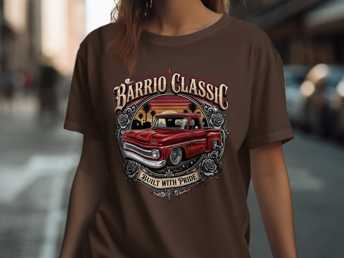 Brown t-shirt with "Barrio Classic Built With Pride" text and a red vintage truck graphic.