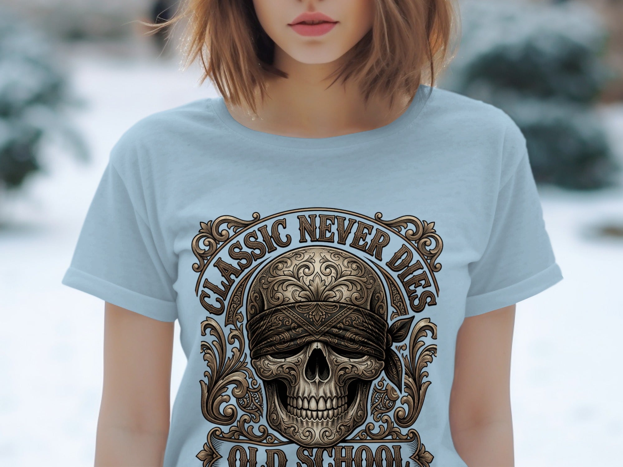 Light blue t-shirt with a skull and bandana graphic, reading "CLASSIC NEVER DIES OLD SCHOOL".