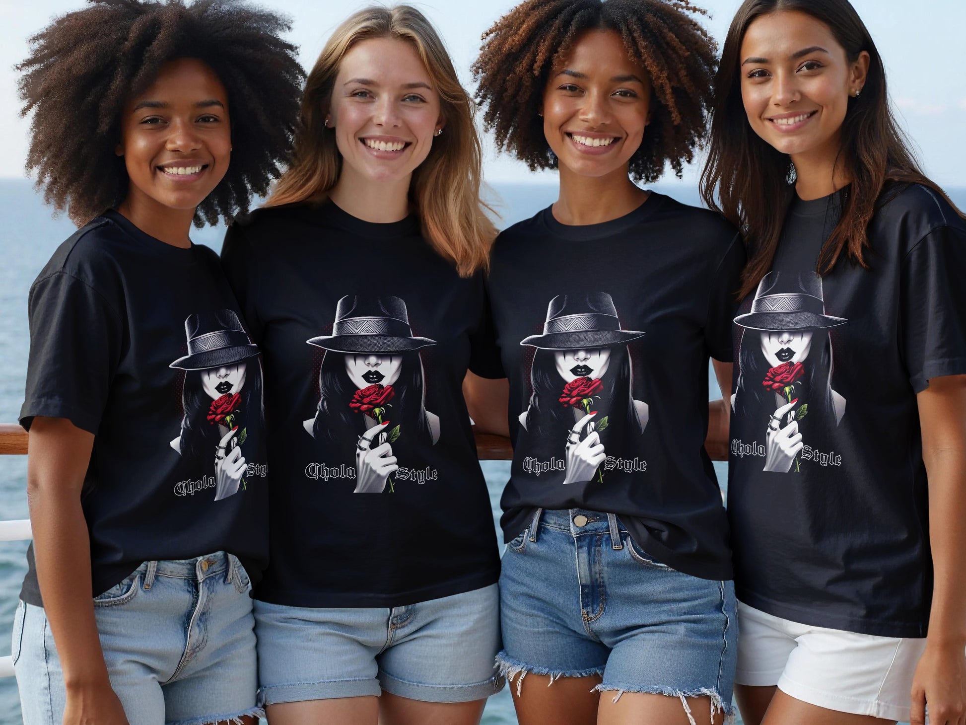 Four women in black t-shirts with a woman and rose graphic, "Chola Style" text.