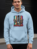 Light blue hoodie with graphic of a raccoon holding spray paint cans and text 