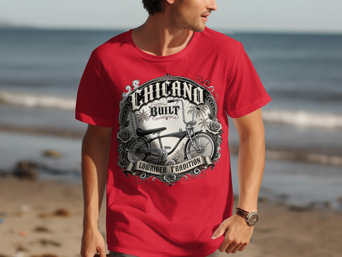 Red t-shirt with "Chicano Built Lowrider Tradition" and bicycle graphic.
