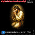 Jesus praying, kneeling with hands clasped, light glow behind him.