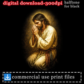 Jesus praying, kneeling with hands clasped, light glow behind him.