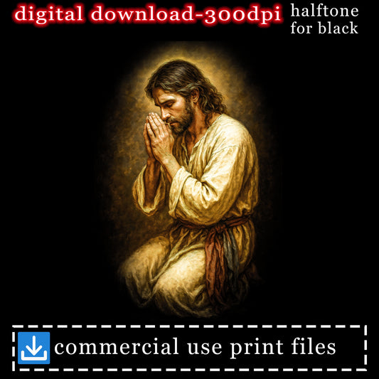 Jesus praying, kneeling with hands clasped, light glow behind him.