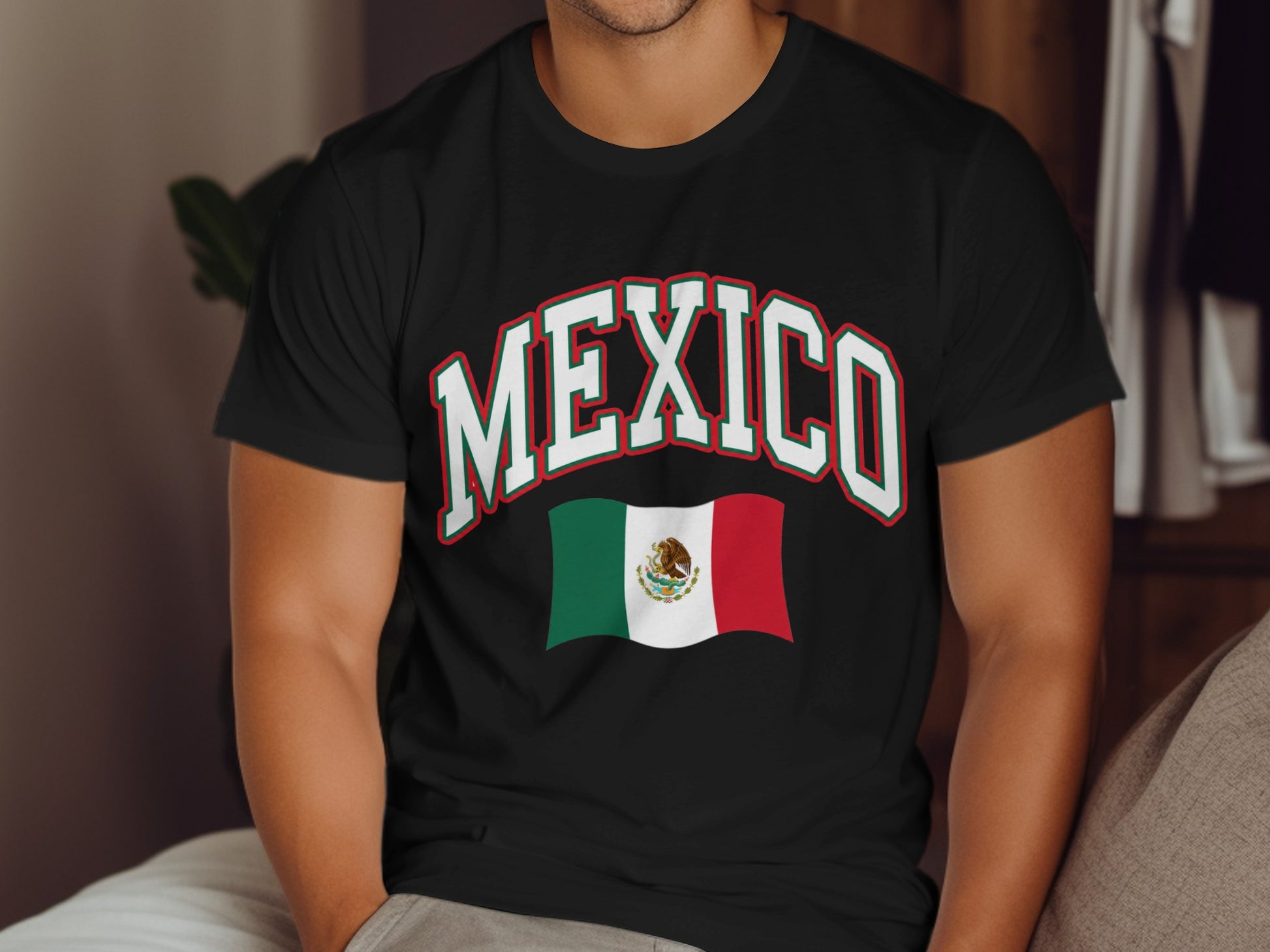 Black t-shirt with "MEXICO" text and Mexican flag design.