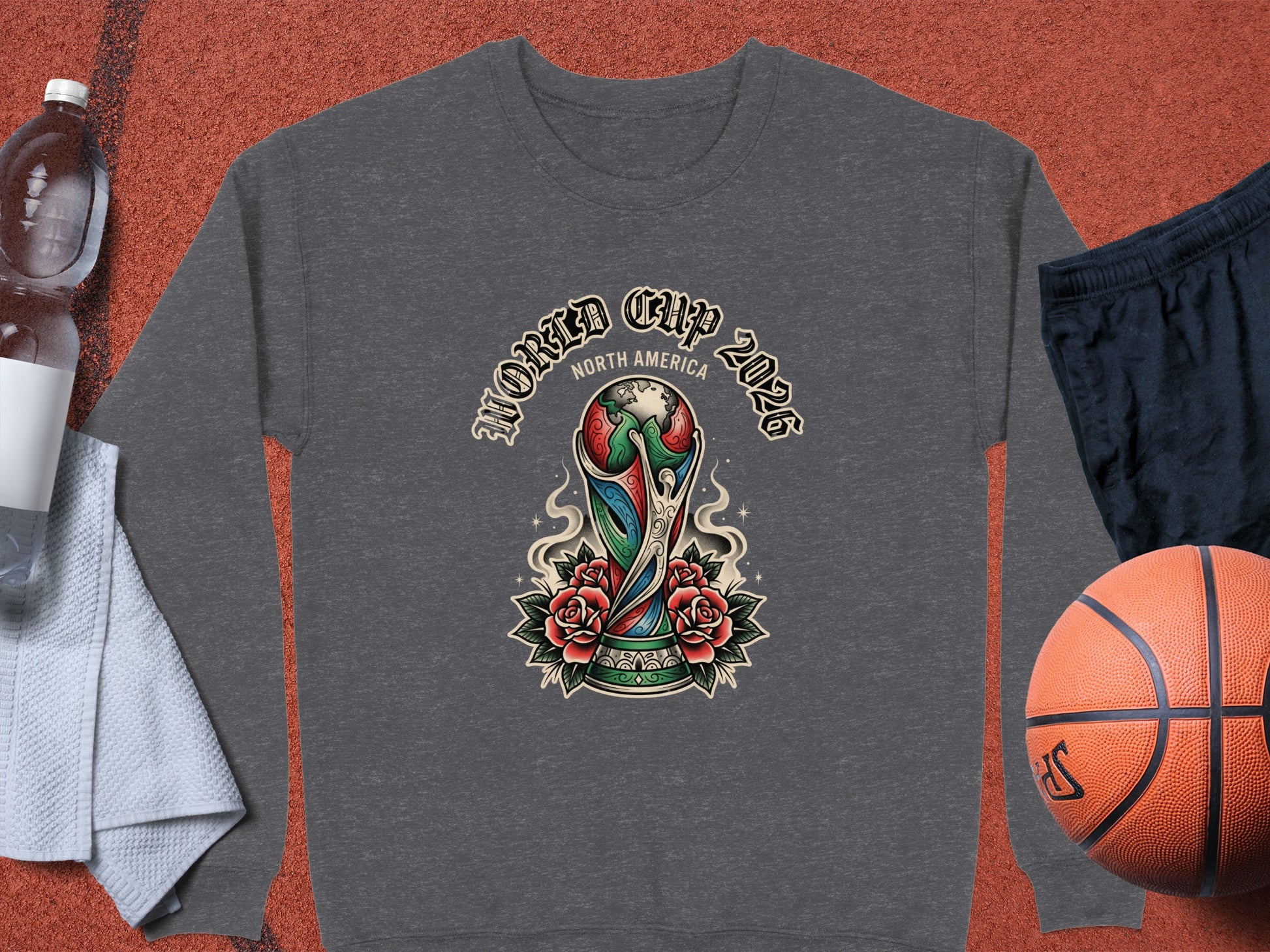 Grey sweatshirt with World Cup 2026 North America trophy logo.