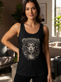 Black tank top featuring a distressed skull design with roses and middle finger.