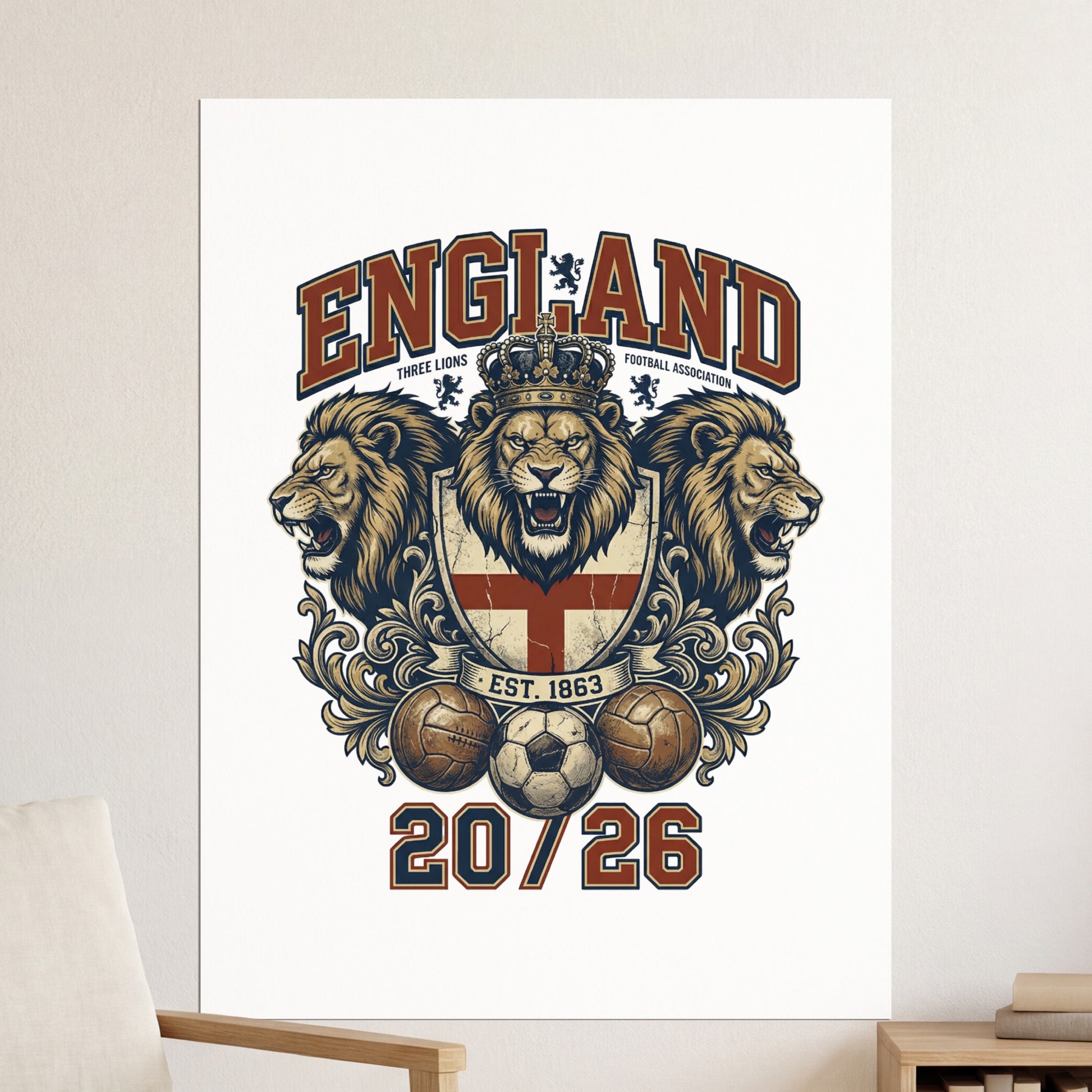 England Football Association crest with lions, footballs, and "20/26".