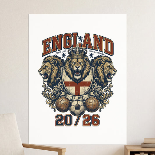 England Football Association crest with lions, footballs, and "20/26".