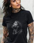 Black t-shirt with a detailed portrait of Jesus wearing a crown of thorns.