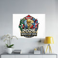 2026 World Cup Canada United We Play logo with golden trophy and flags.