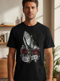 Black t-shirt with praying hands, roses, rosary, crucifix, and the word BLESSED.