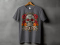 Gray t-shirt with a sugar skull surrounded by roses and the text 