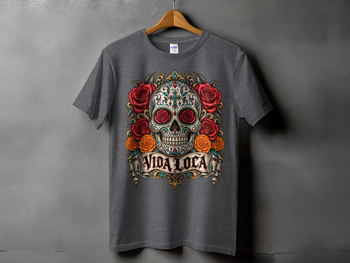 Gray t-shirt with a sugar skull surrounded by roses and the text "VIDA LOCA".