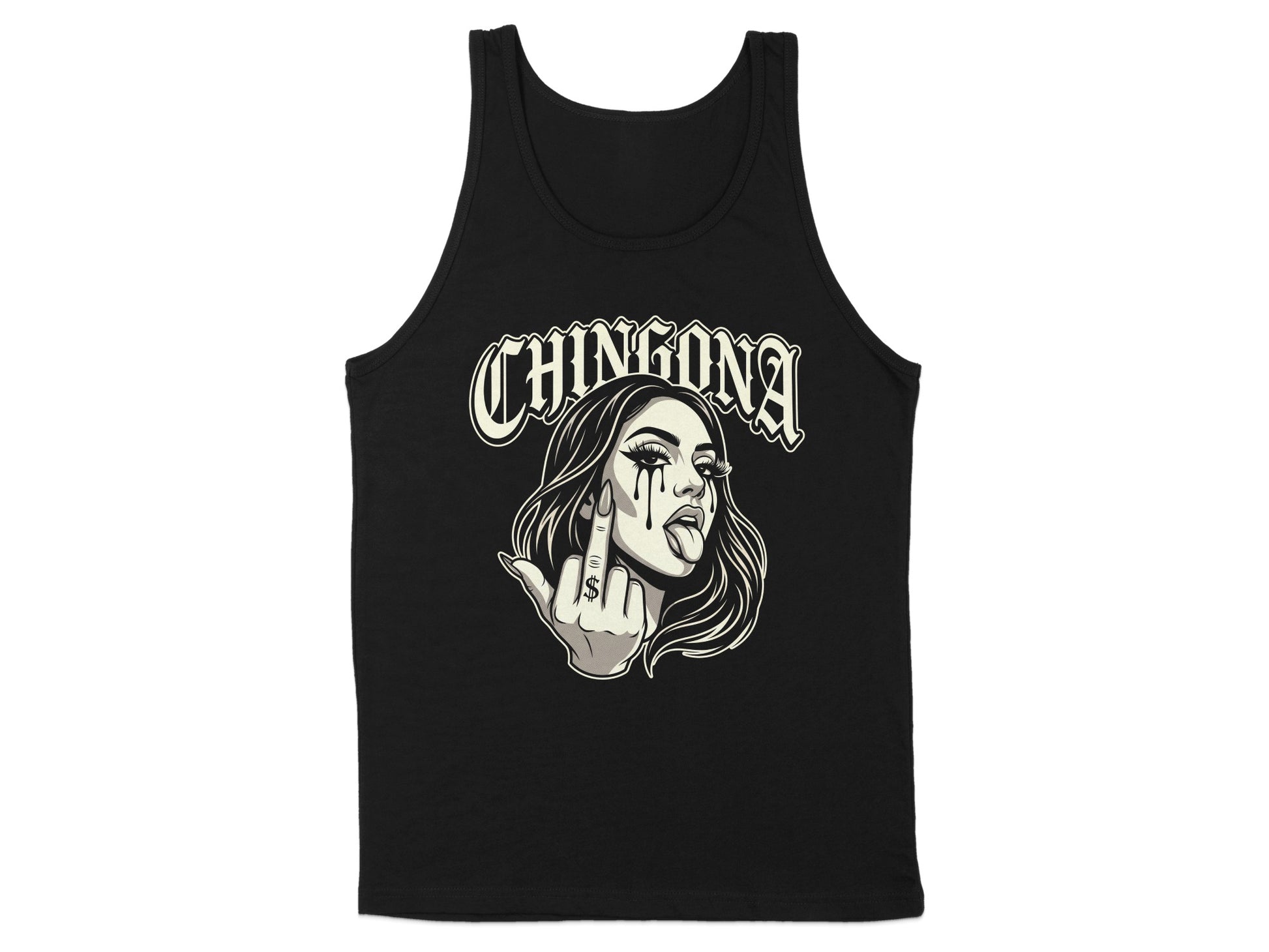 Black tank top with "CHINGONA" text and woman giving middle finger.