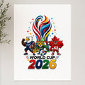 World Cup 2026 logo featuring mascots from USA, Mexico, and Canada.