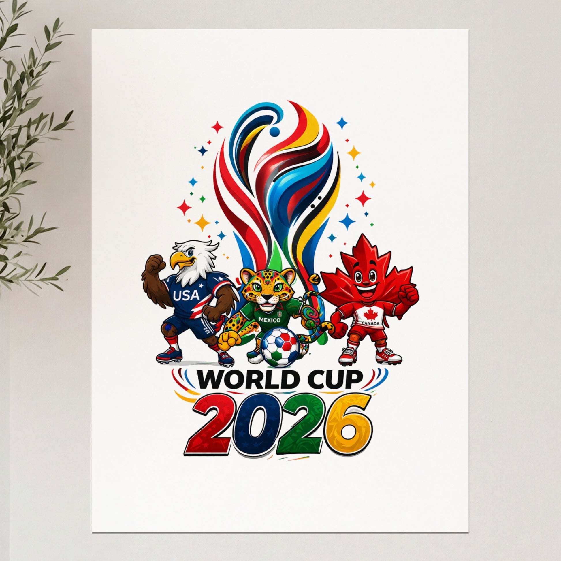 World Cup 2026 logo featuring mascots from USA, Mexico, and Canada.