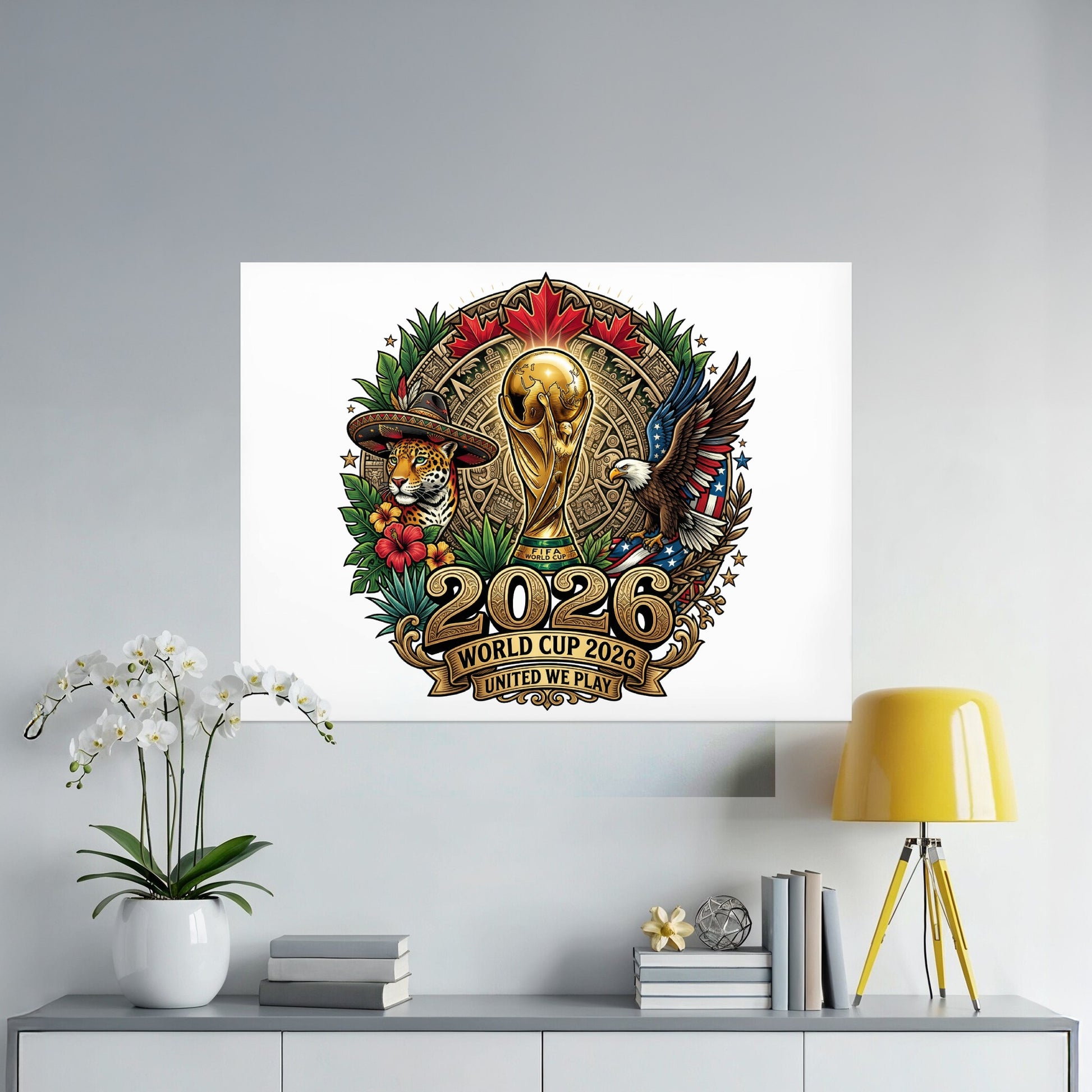 2026 World Cup United We Play logo with trophy, eagle, tiger, and maple leaf.