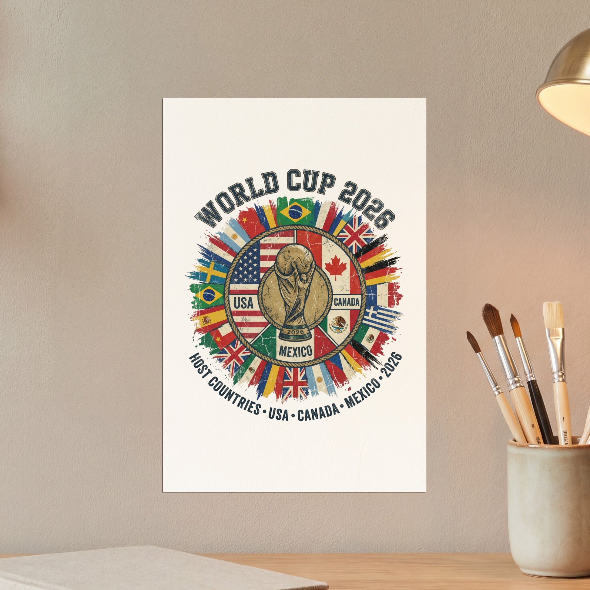 World Cup 2026 host countries USA, Canada, and Mexico logo with flags.