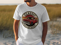 White t-shirt with graphic of red classic truck and text 