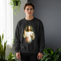 Black sweatshirt featuring Jesus with halo and outstretched hand.