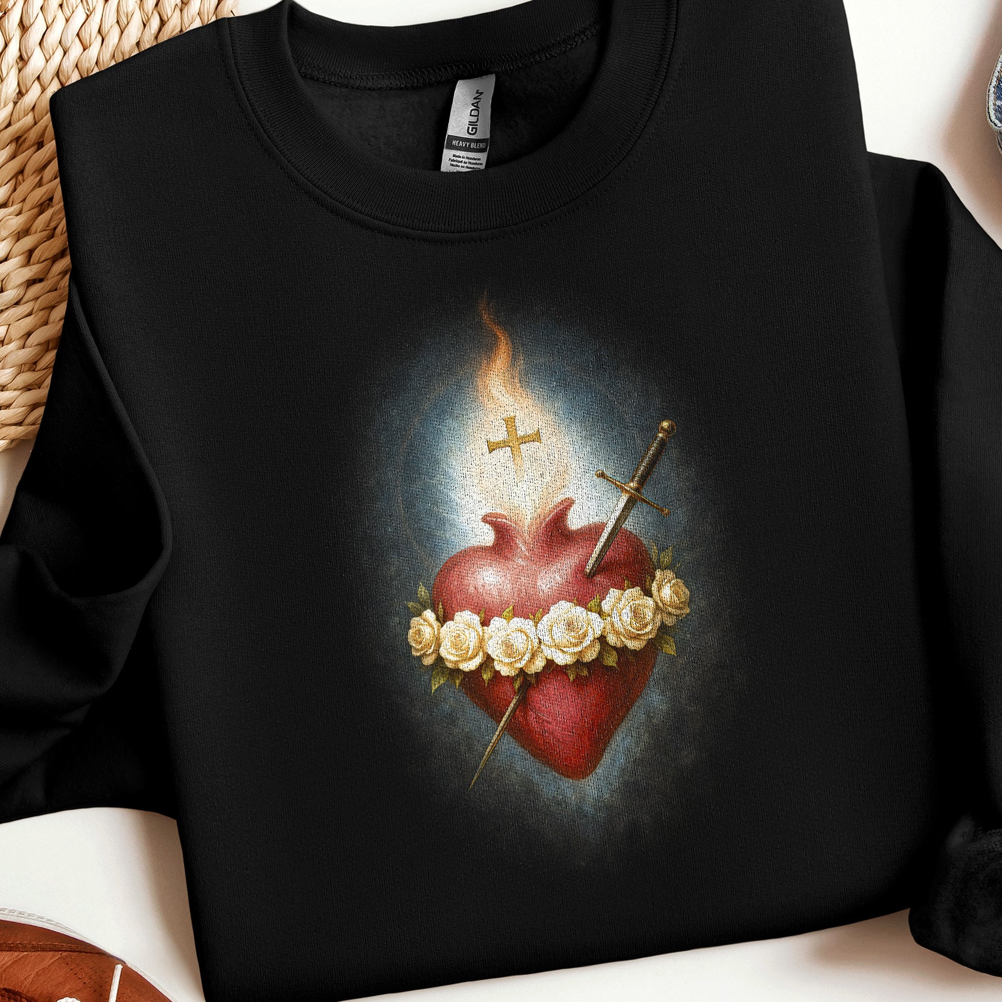 Black sweatshirt with Sacred Heart graphic, sword, and roses.