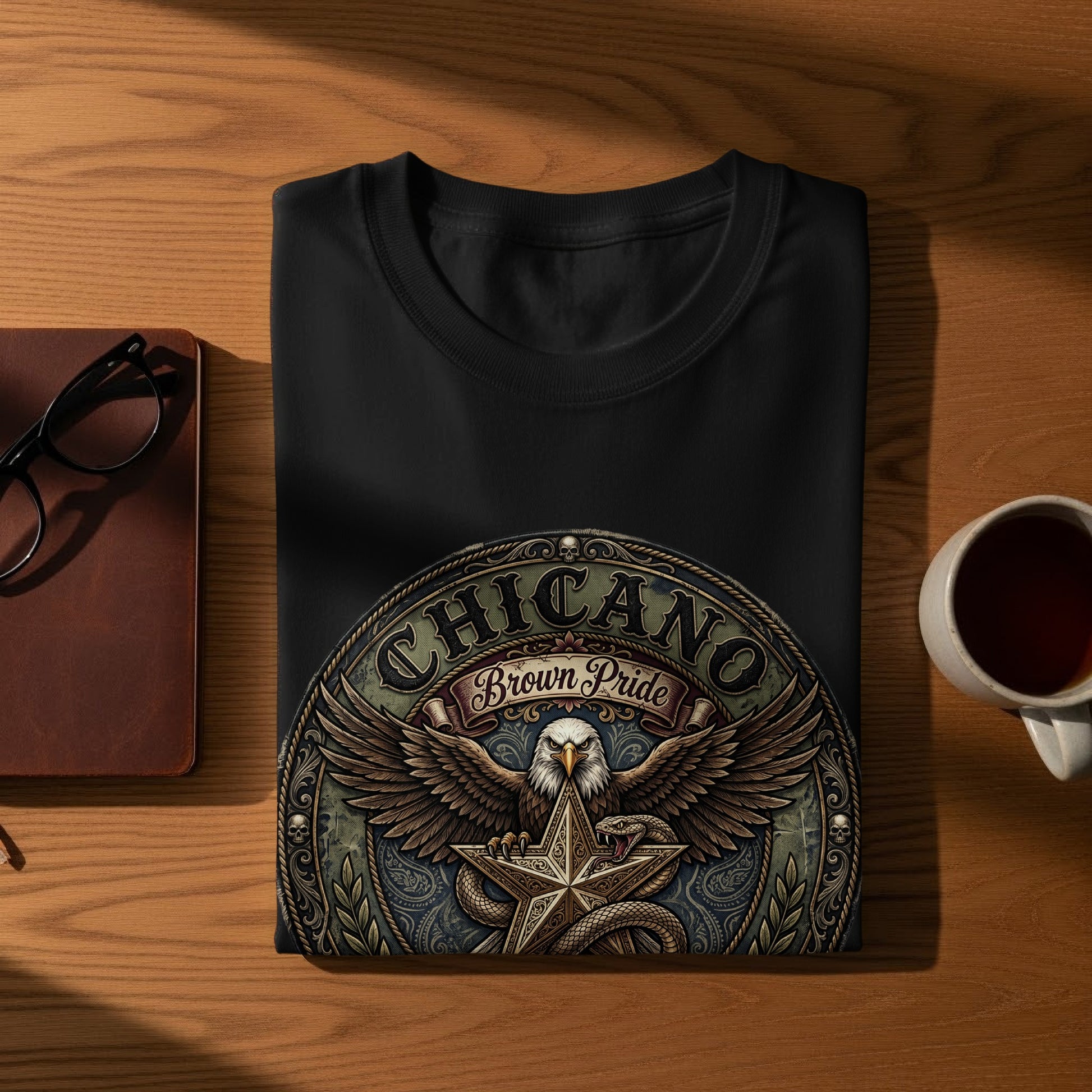 Black t-shirt with "Chicano Brown Pride" eagle and snake design.