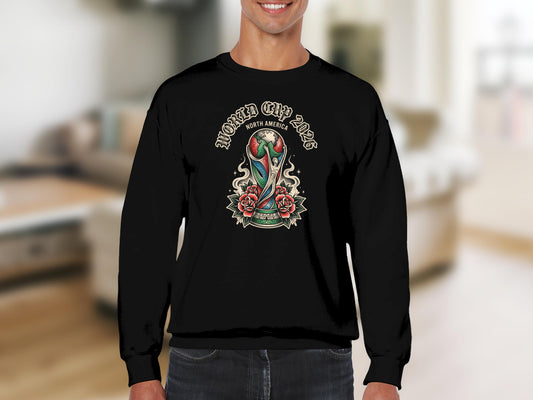 World Cup 2026 North America trophy with roses design on black sweatshirt.