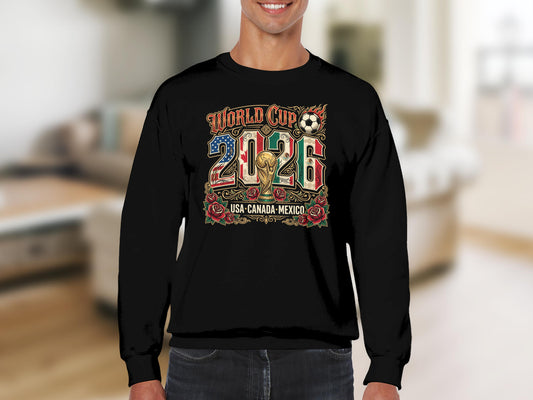 2026 World Cup USA Canada Mexico graphic on black sweatshirt.