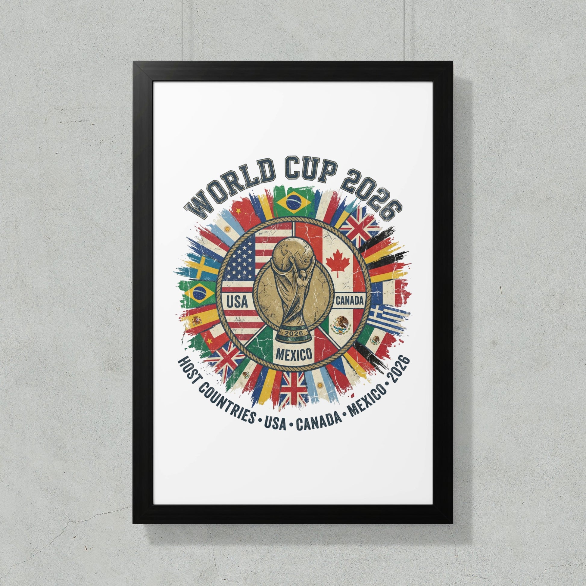 World Cup 2026 host countries USA, Canada, Mexico emblem with flags.