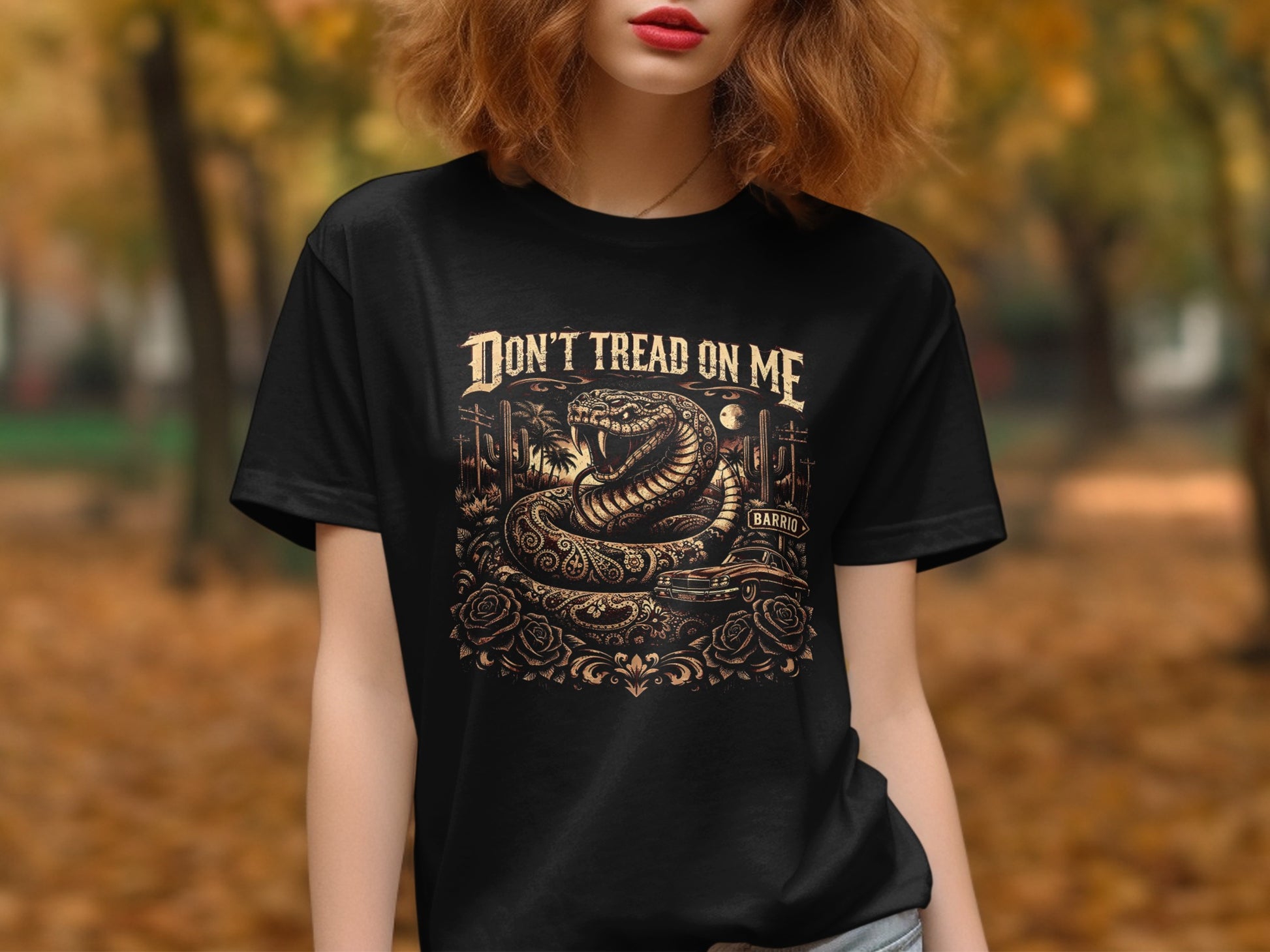 Black t-shirt with snake, roses, and "DON'T TREAD ON ME" text.